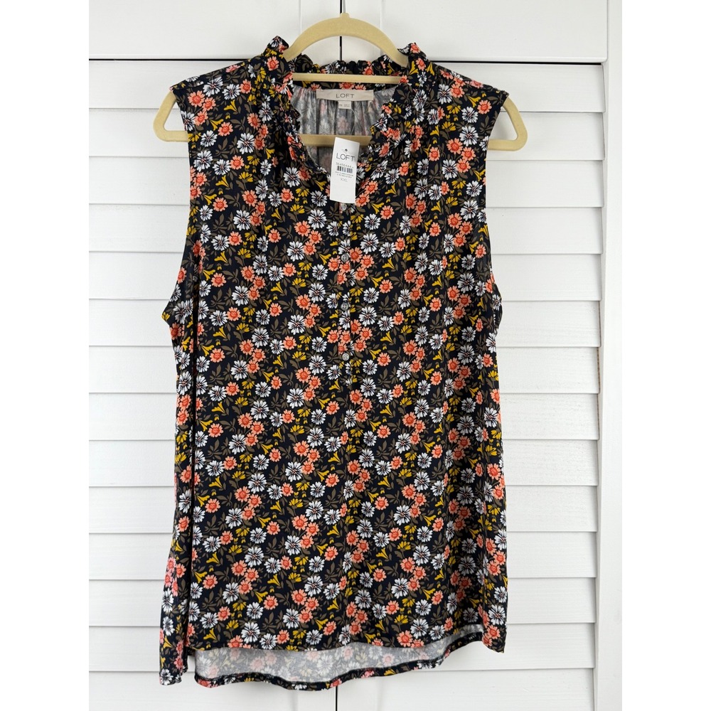 LOFT Sleeveless Top XXL Navy Floral Ruffle Neck Button Front NEW